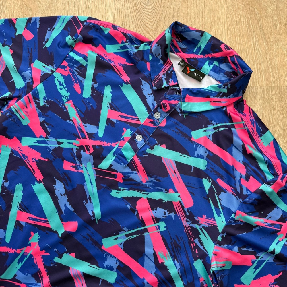 Yatta‎ Golf Abstract Brushstroke Golf Polo Shirt Mens Medium Blue Pink Neon 90s